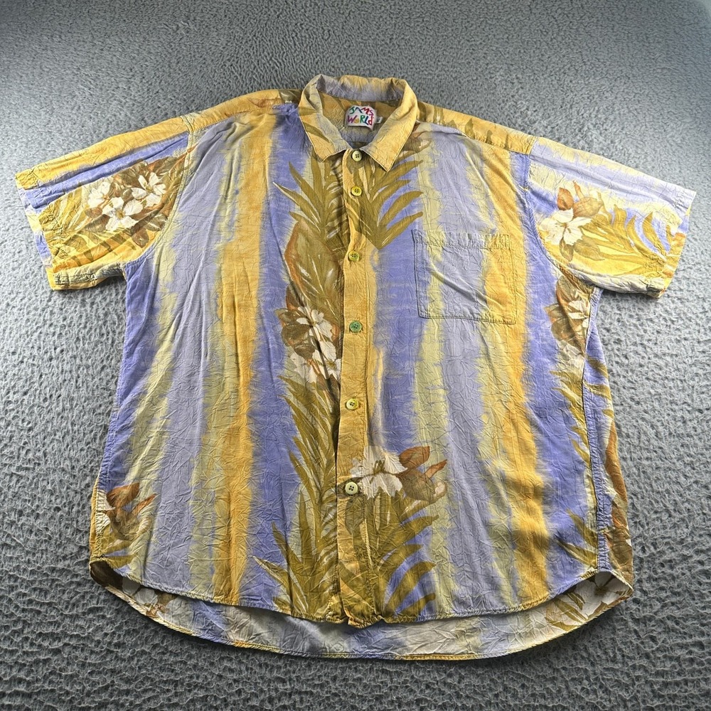 Vtg‎ Jams World Shirt Mens XL Hawaiian Aloha Floral Striped Yellow Purple Rayon